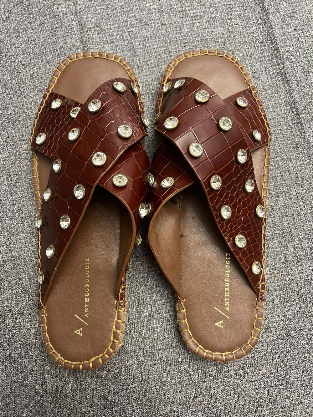 Anthropologie Gems Croc-Embossed Rhinestone Slide Sandals Size 40